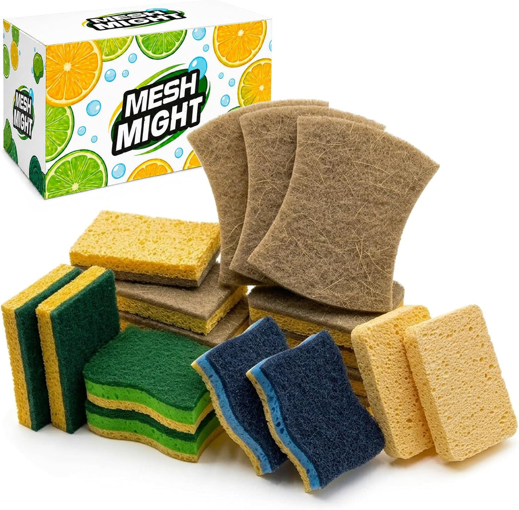 Kitchen Sponges, 20 Count, Plant-Based Cellulose + PET Scrub Sponge Set, Scratch & Non- Scratch Dish Sponges, Assorted Cleaning Sponges