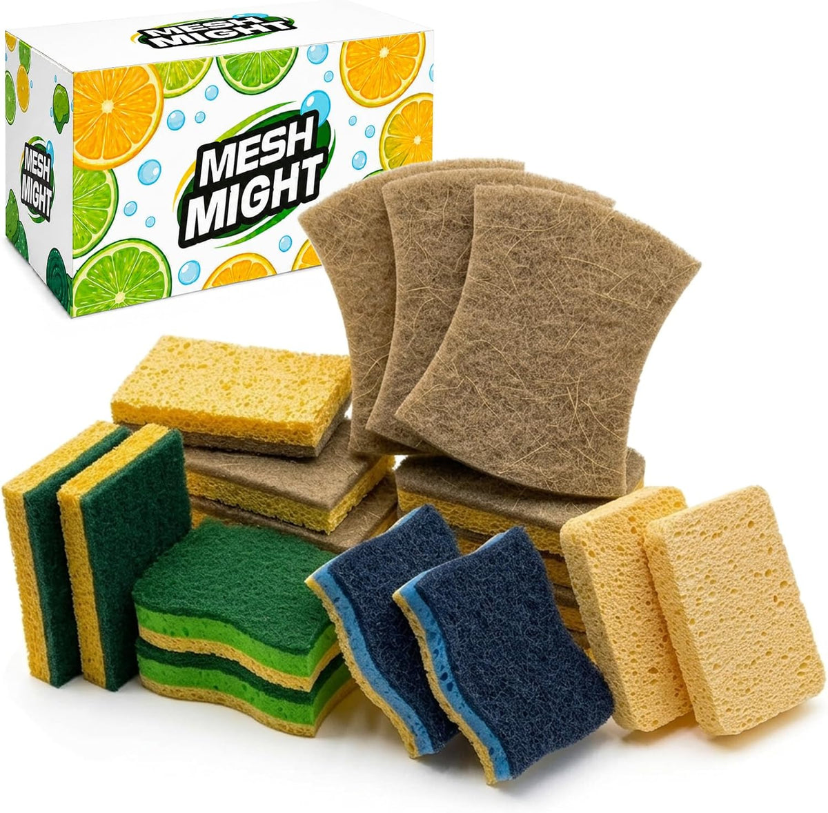 Kitchen Sponges, 20 Count, Plant-Based Cellulose + PET Scrub Sponge Set, Scratch & Non- Scratch Dish Sponges, Assorted Cleaning Sponges