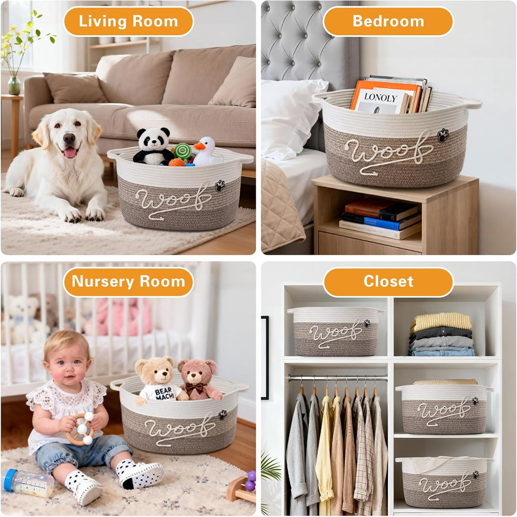 Woof Dog Toy Basket with Handles, Large Dog Toy Storage Bin with Paw Print, Woven Dog Basket for Blankets, Toys, Chews, Pet Toy Box for Nursery, Living Room, Bedroom, 20”x14”x9, Brown