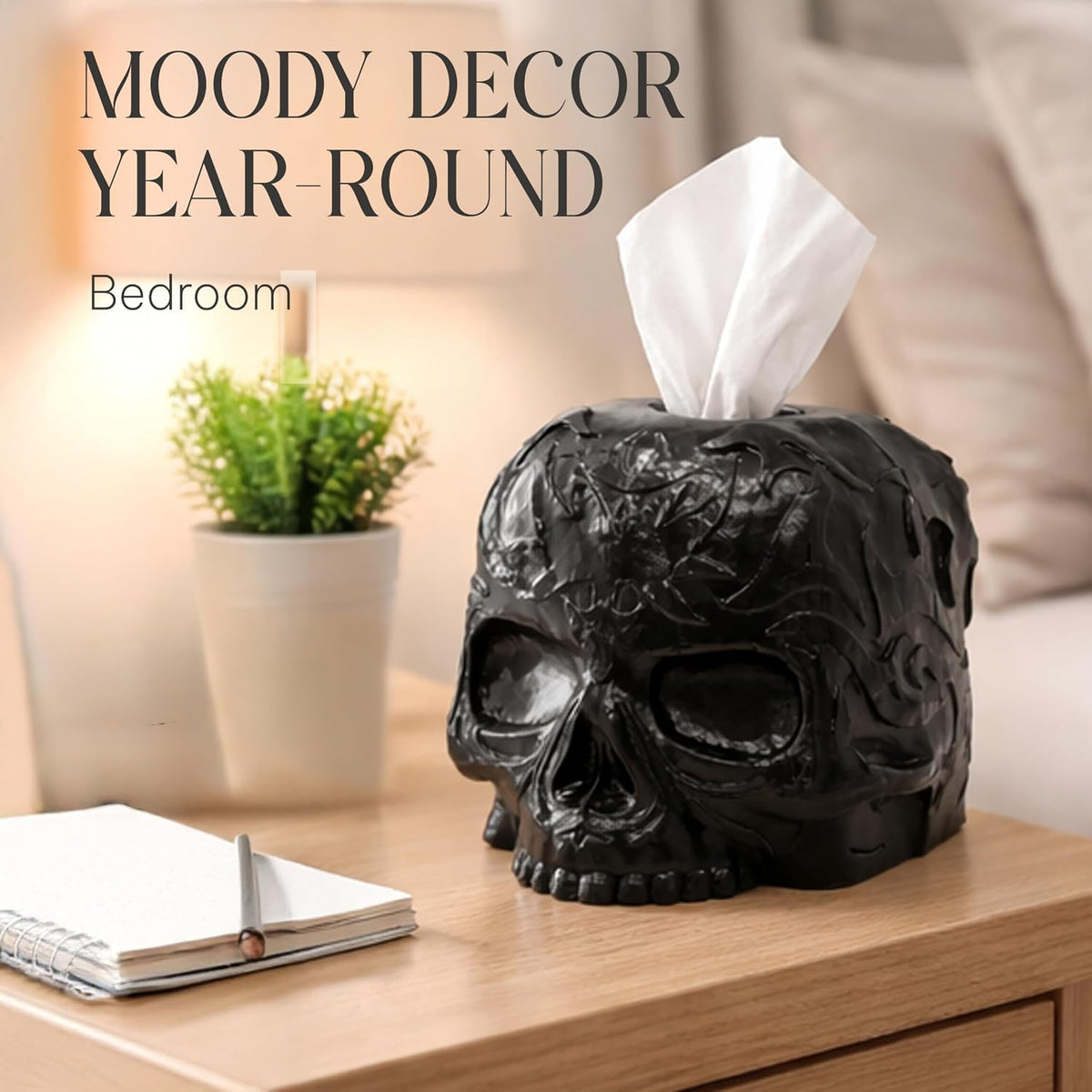 Gothic Skull Tissue Box Cover, Black, Square by Death Decor