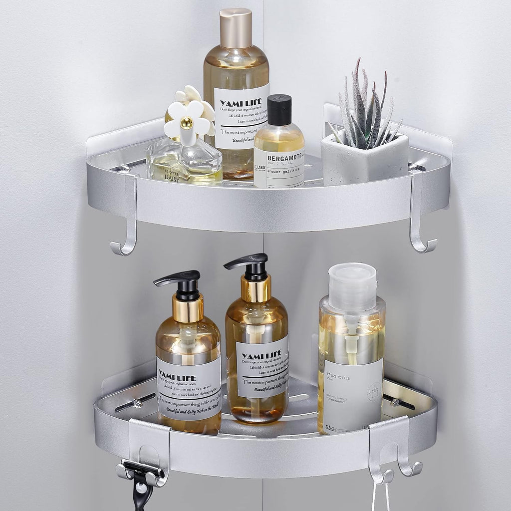 DUFU Adhesive Corner Shower Caddy with Hooks, Silver, 2 Pack