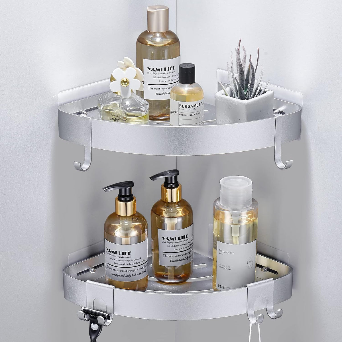 DUFU Adhesive Corner Shower Caddy with Hooks, Silver, 2 Pack