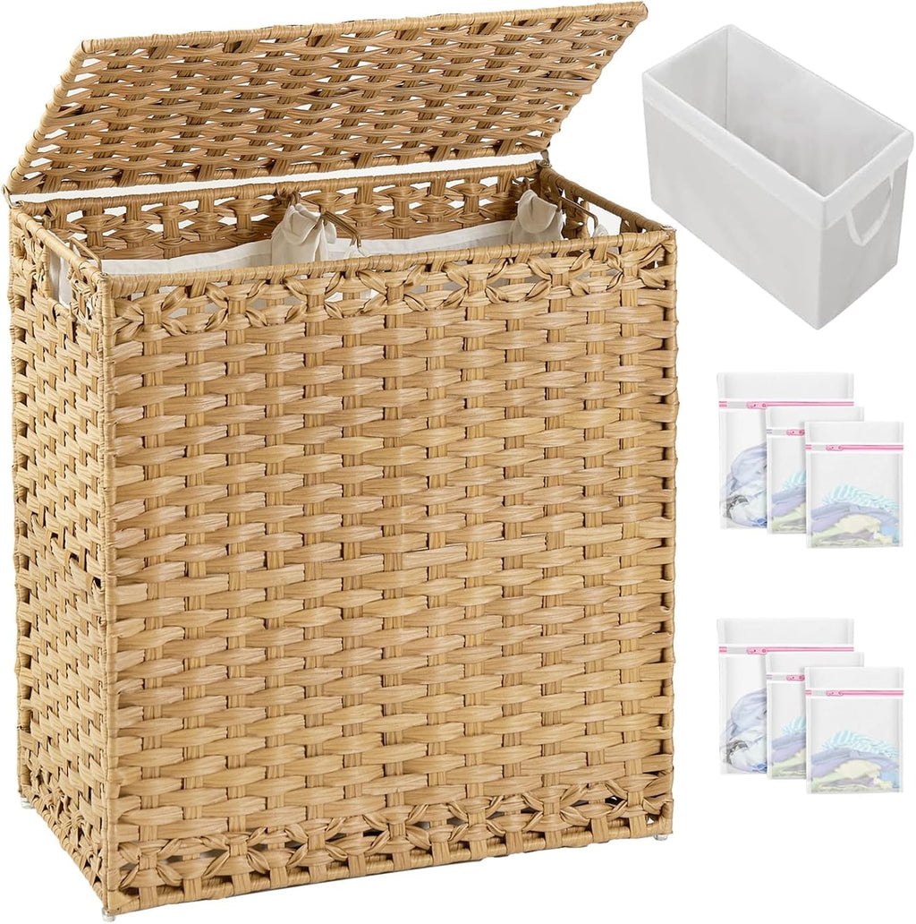 SETVSON Laundry Hamper with Lid Wicker Laundry Basket 112L, Natural