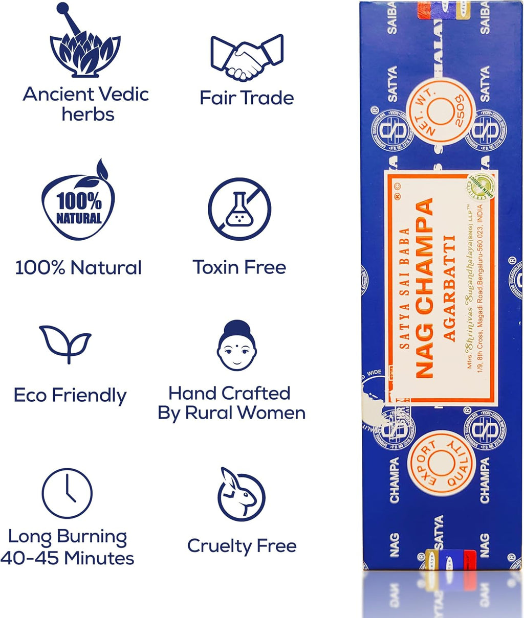 Satya Nag Champa Incense Sticks Bangalore- 250gm Bundle Natural Hand Rolled Non-Toxic Nagchampa BNG Insense Set with Raajsee Insence Stick Holder for Meditation, Yoga, Aromatherapy & Joss Sticks