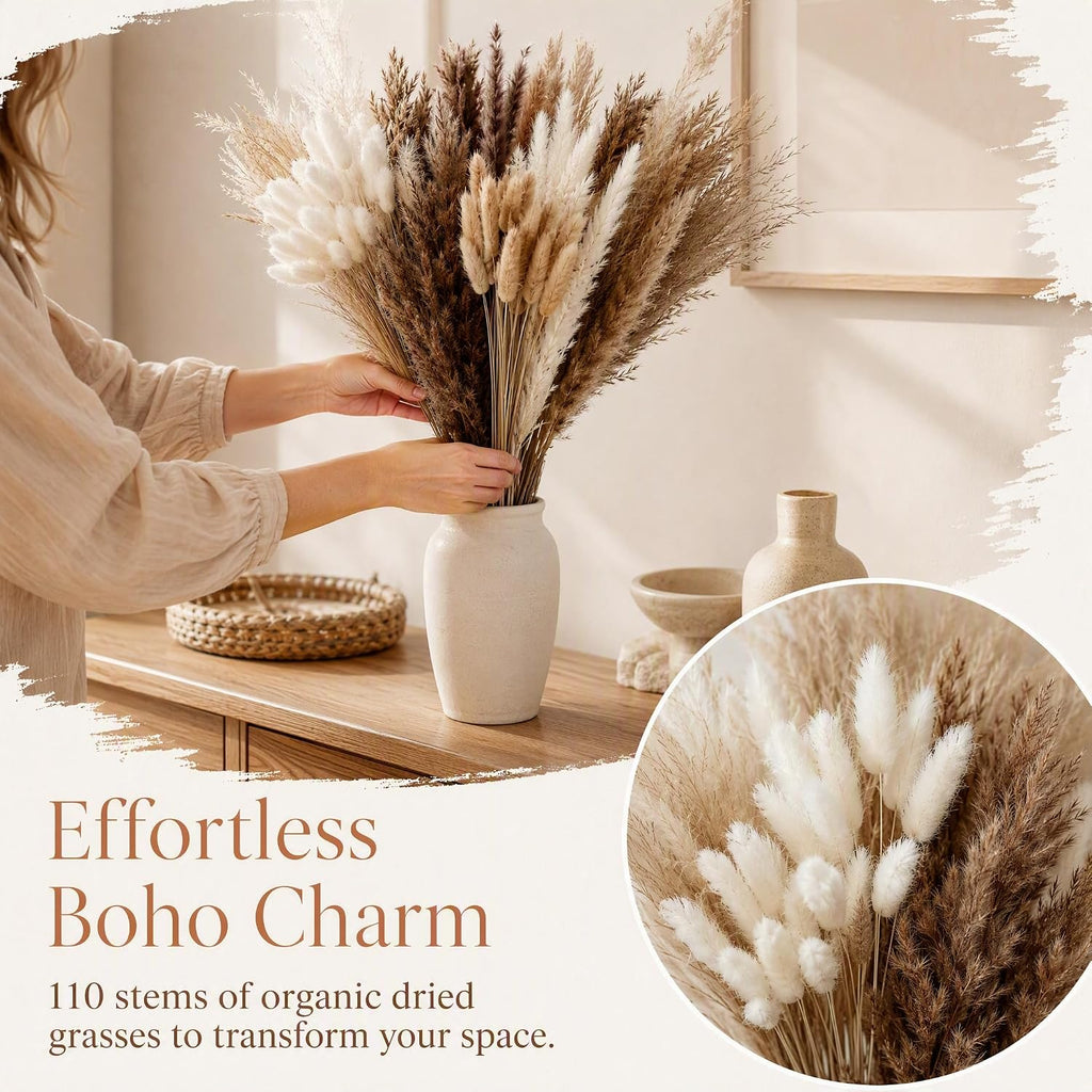 Dried Pampas Grass, 17 Inch, 110 Stems, 6 Bundles, Natural & White Tones