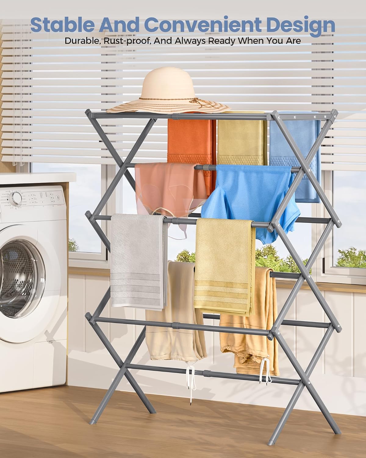 APEXCHASER Oversize 3-Tier Clothes Drying Rack, No Assembly, Grey