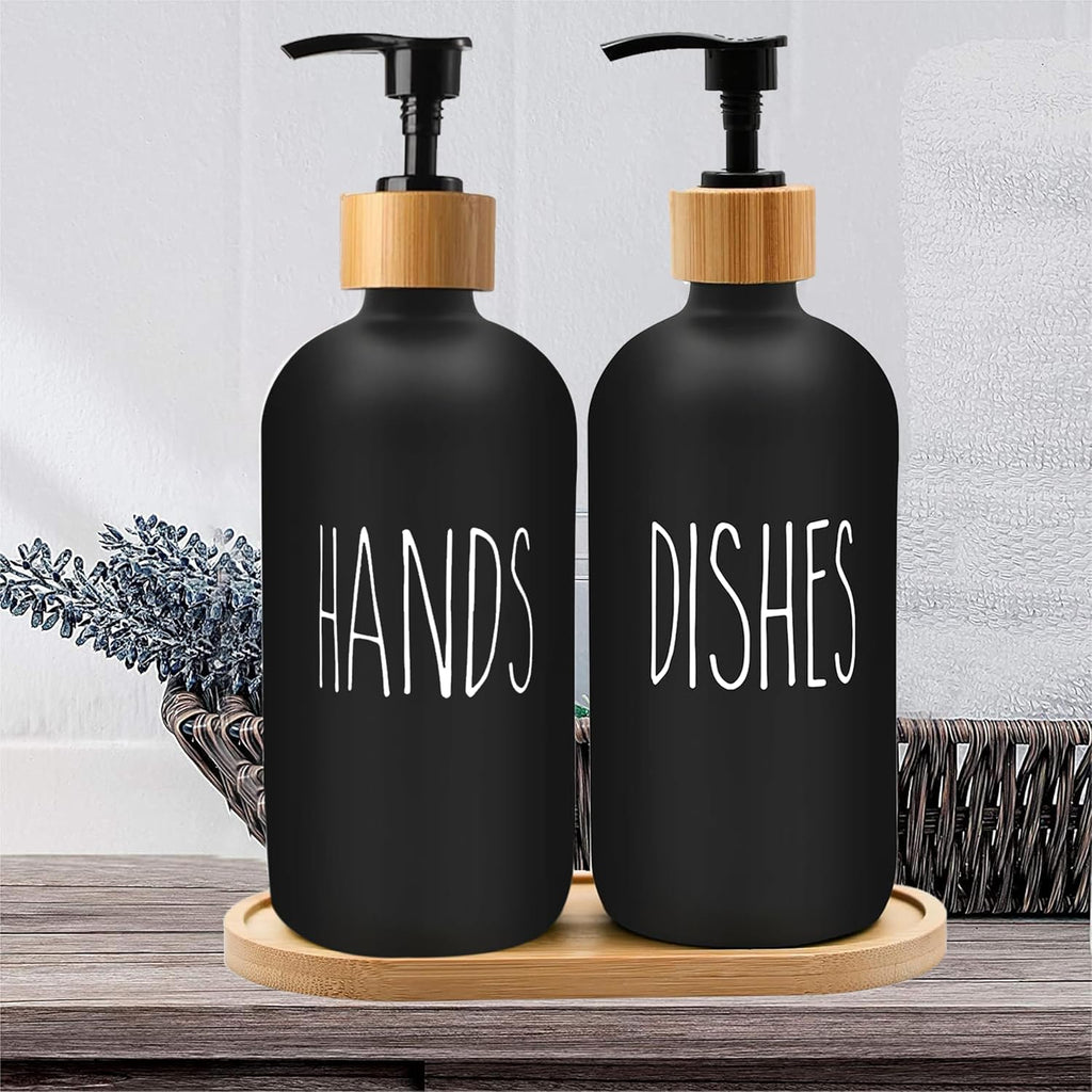 Sunrise Premium Black Glass Soap Dispenser, Bamboo Pump with Tray, 2 Pack