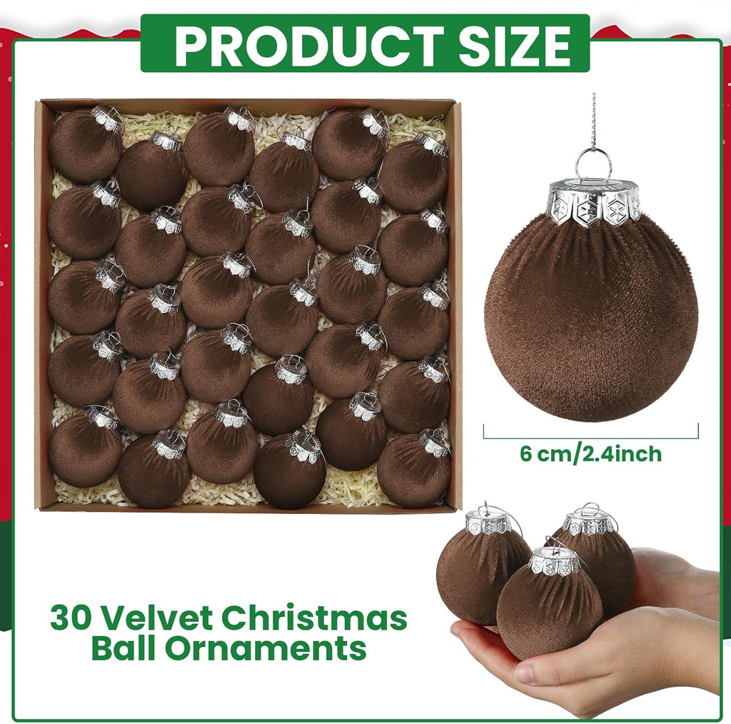 Velvet Christmas Balls Set 30pcs Dark Brown Velvet Christmas Tree Ornaments Shatterproof Xmas Hanging Balls Decorative Hanging for Xmas Holiday Family Home Store Indoor Decor 2.4inch