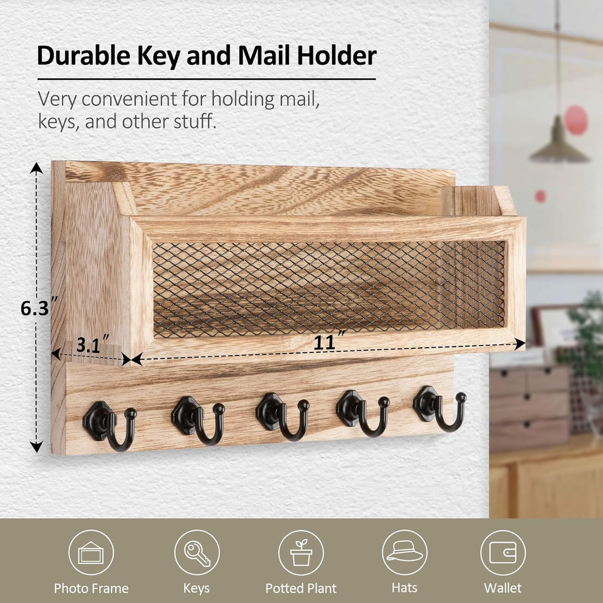Nekon Mail and Key Holder for Wall Decorative, 11 Inch Mail Holder, Wood