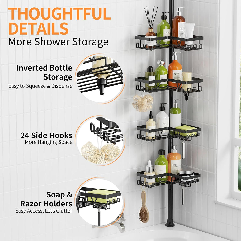 KEGII Corner Shower Caddy Tension Pole, 2-Steps Install Bathroom Organizer