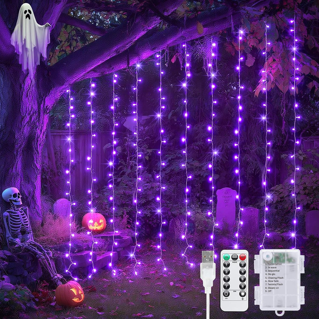 JMEXSUSS 200 LED Halloween Curtain Lights Battery Operated & USB Plug in