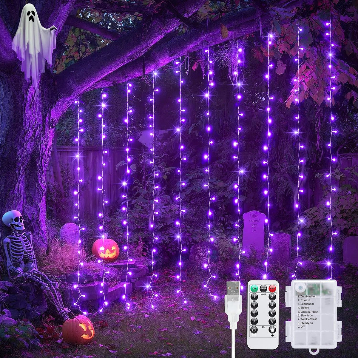 JMEXSUSS 200 LED Halloween Curtain Lights Battery Operated & USB Plug in