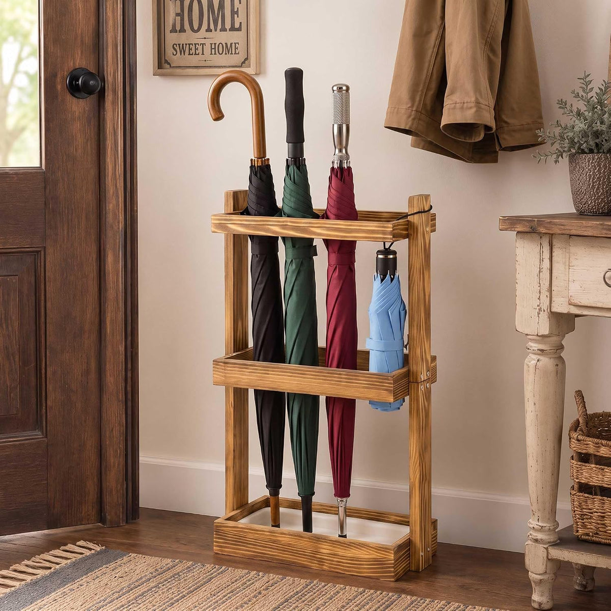 Patelai Wooden Umbrella Stand Rack with Removable Drip Tray for Entryway