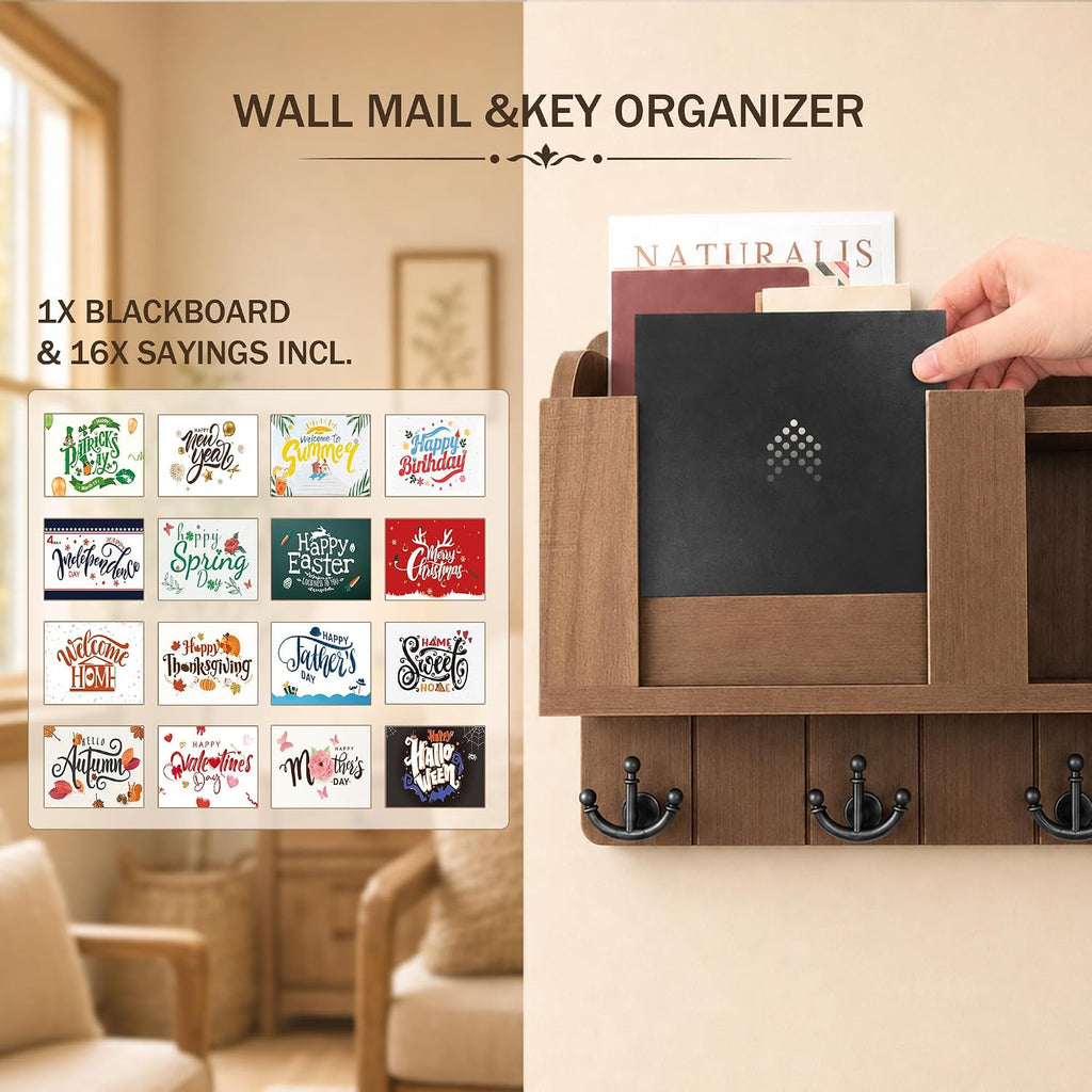 Rebee Vision Key Holder Wall Mount with Chalkboard for Home Decor, Brown