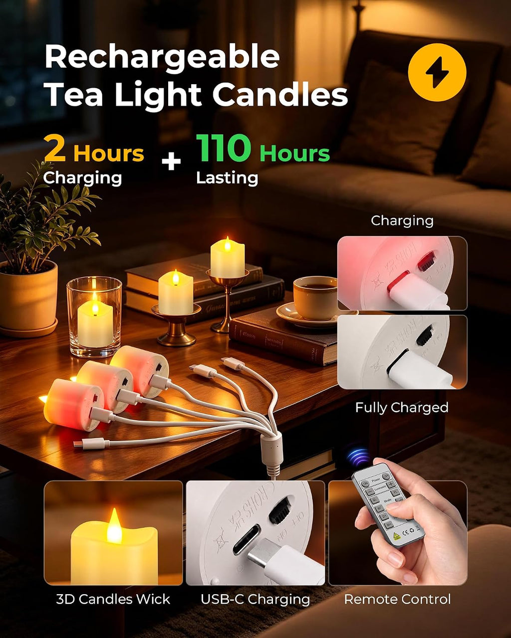 Yme Rechargeable Flameless Candles, Tea Lights with Remote & USB-C Charging