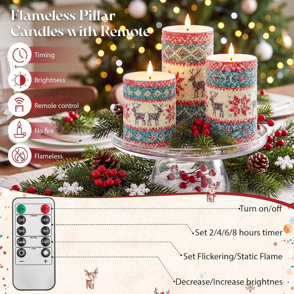 Retisee 3 Pcs Christmas Elk Knitted Sweater Flameless Candles 4" 5" 6"
