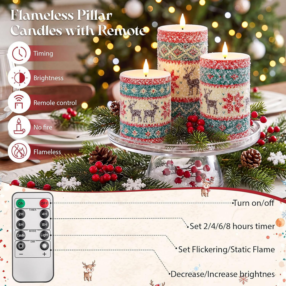 Retisee 3 Pcs Christmas Elk Knitted Sweater Flameless Candles 4" 5" 6"