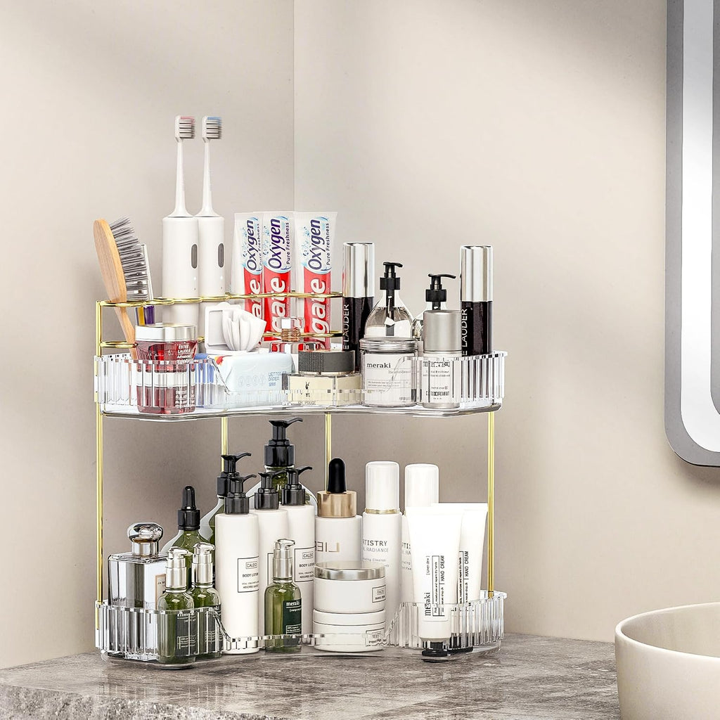 Makeup Organizer Countertop 2 Tier, Corner Bathroom Countertop Organizer with Toothbrush and Makeup Brush Holder, Corner Vanity Tray for Skincare Organization