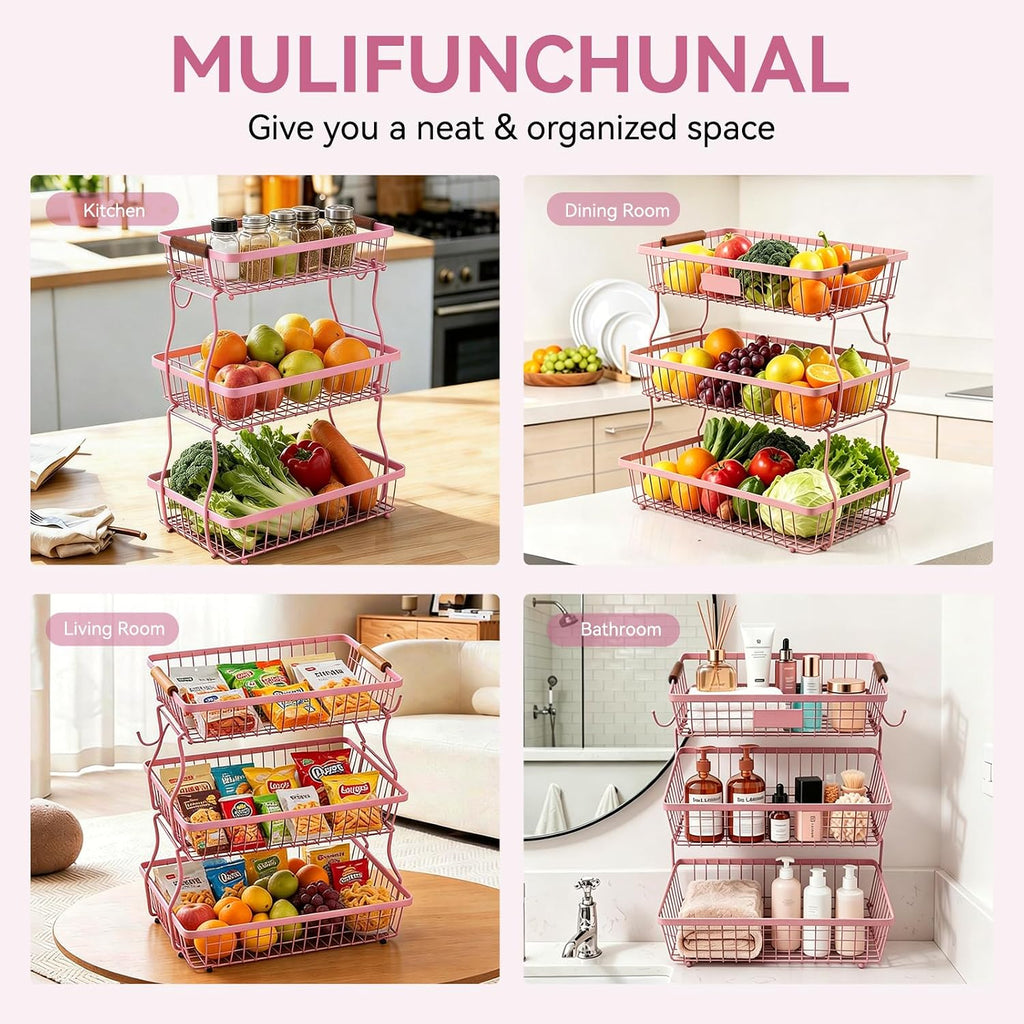 3-Tier Stackable Wire Basket with 2 Banana Hooks, Pantry Organizer for Kitchen Countertops, Cabinets & Under-Sink Spaces; Ideal for Storing Snacks, Fruits, Veggies, Onions, Potatoes, & More,Pink