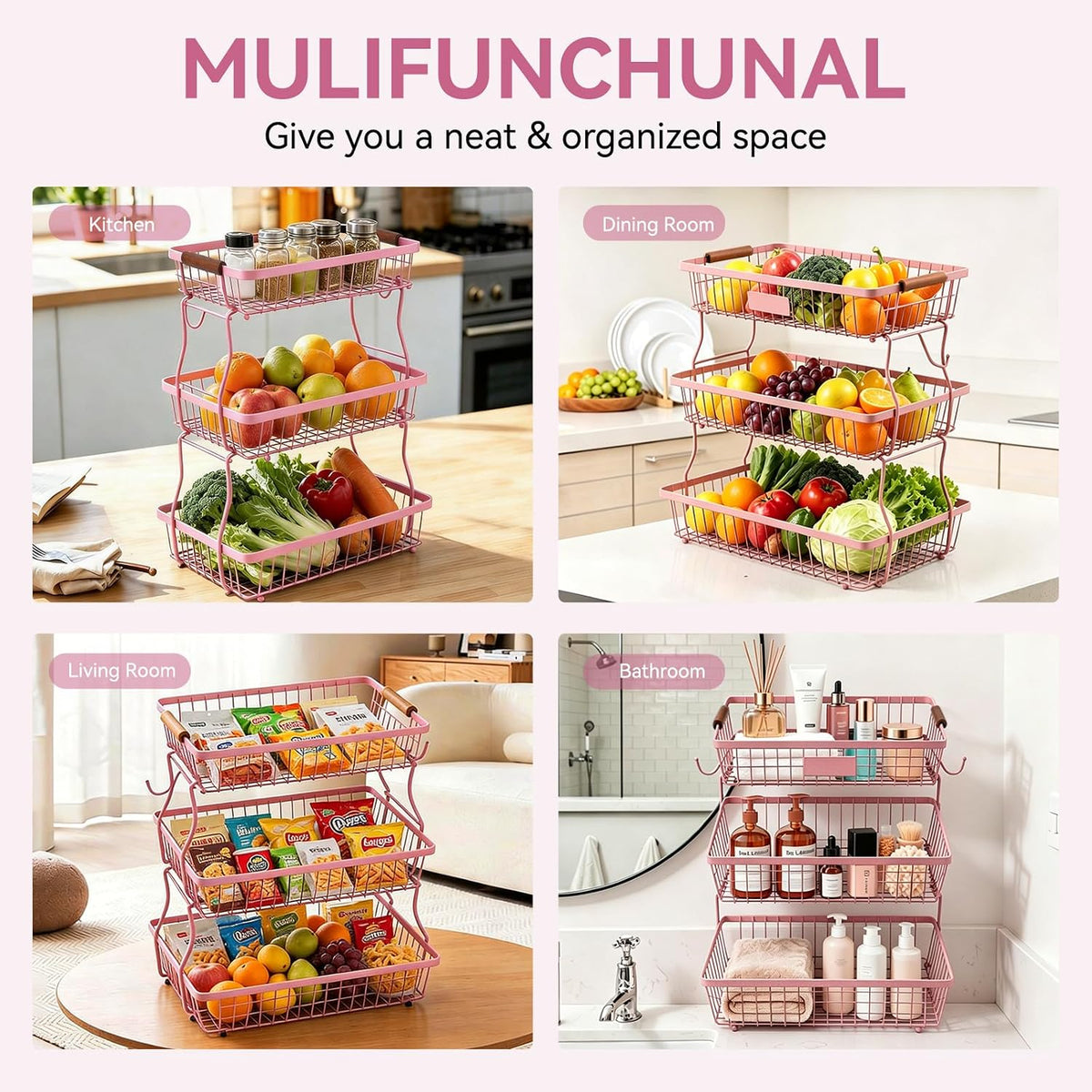 3-Tier Stackable Wire Basket with 2 Banana Hooks, Pantry Organizer for Kitchen Countertops, Cabinets & Under-Sink Spaces; Ideal for Storing Snacks, Fruits, Veggies, Onions, Potatoes, & More,Pink