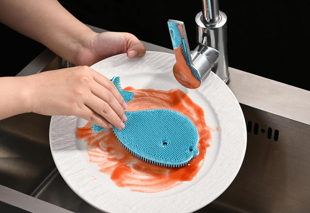 Fox Run Silicone Whale Dish Scrubber, 6" Multipurpose Kitchen Cleaning Pad