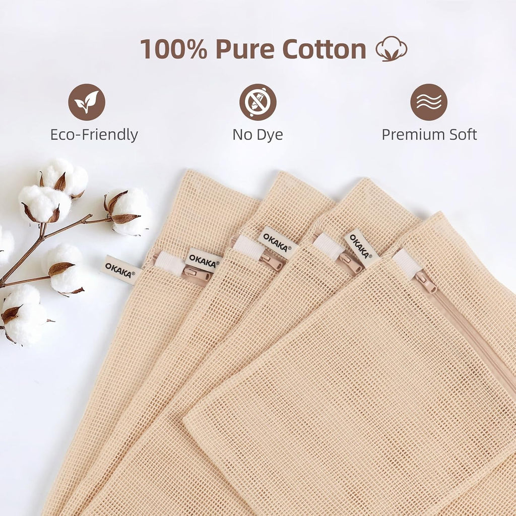 100% Cotton Mesh Laundry Bags, Premium Soft, No Dye, 4 Pcs, Natural