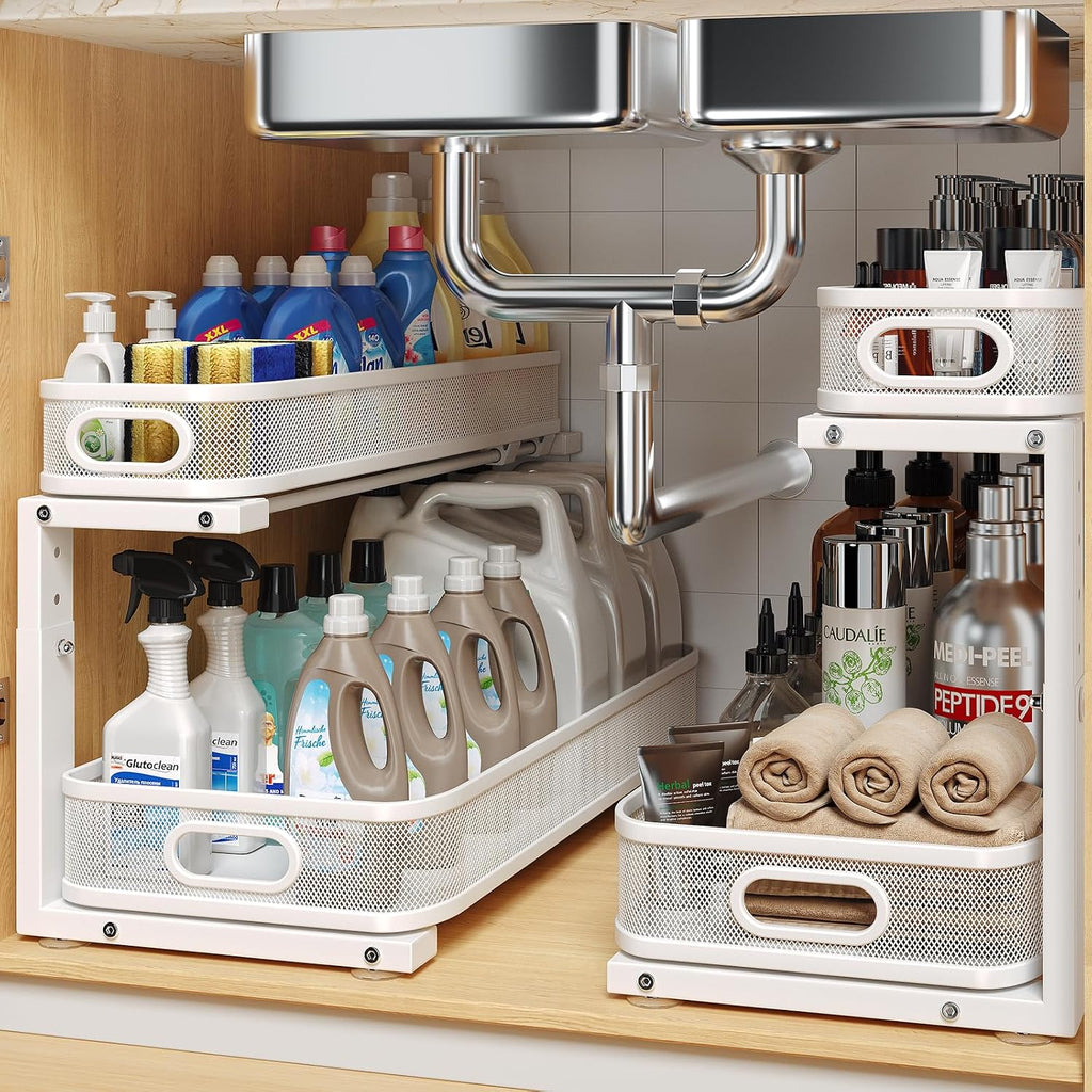 2 Pack 21.3IN-Depth Under Sink Organizer with Smooth Cylindrical Rail,2-Tier Pull Out Multi-Purpose Cabinet Storage for Bathroom&Kitchen,Height Adjustable,Rust-Resistant Coating-White