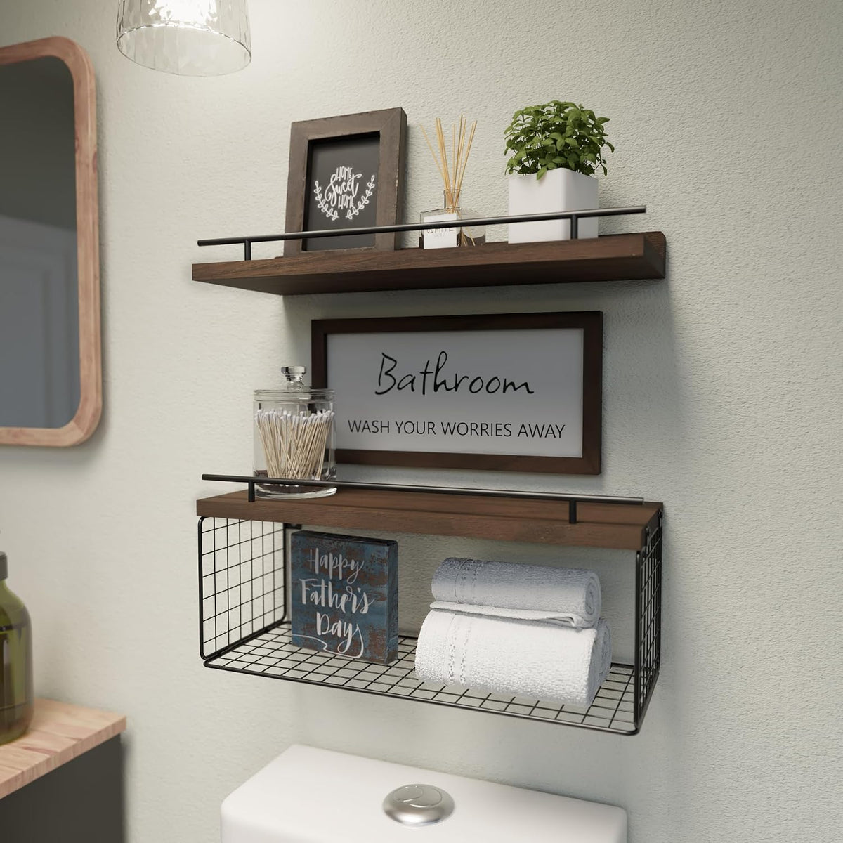 WOPITUES Floating Shelves for Bathroom Decor Art, Rustic Brown