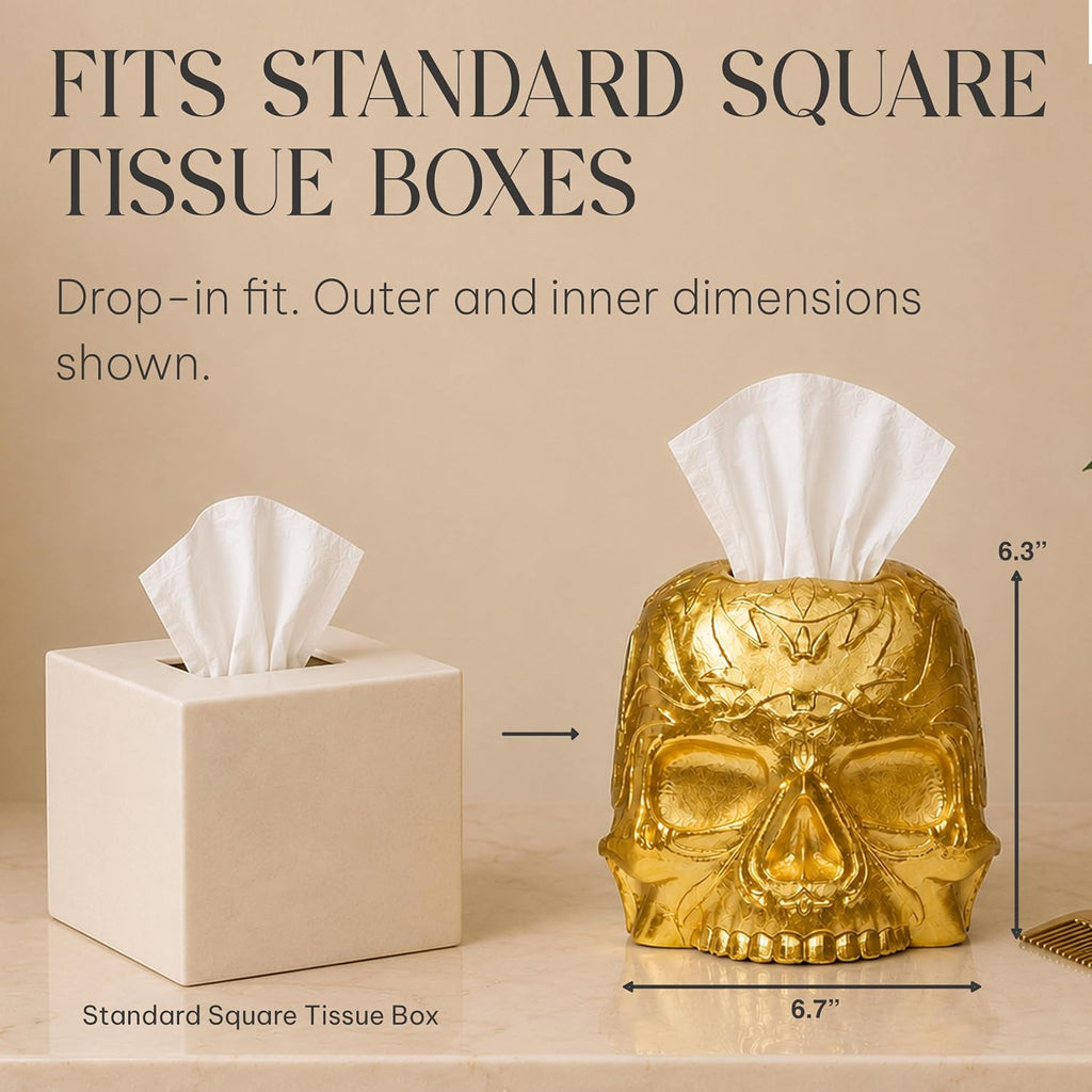 Gothic Skull Tissue Box Cover, Gold, Square by Death Decor