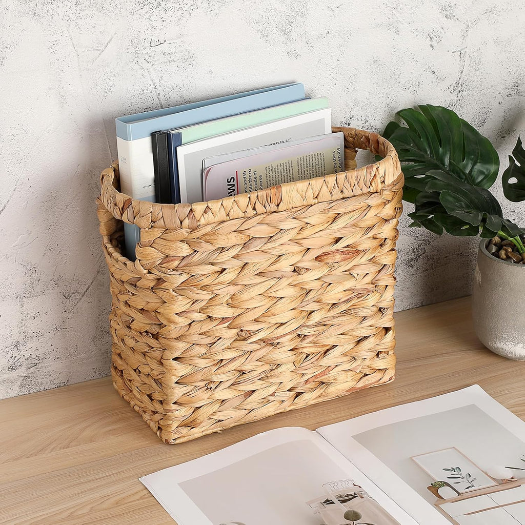 BTSKY Woven Magazine Holder, Water Hyacinth Magazine Basket, Natural Narrow Storage Basket Bin for Books & Files, Magazine Rack with Built-in-Handle for Home, Office & Desk - 11.4x5.9x10.6 Inch
