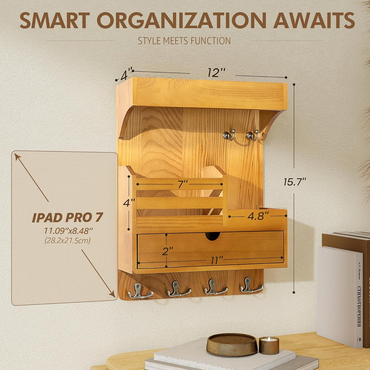 Rebee Vision Key Holder Wall Mount with Drawer for Home Decor, Light Brown