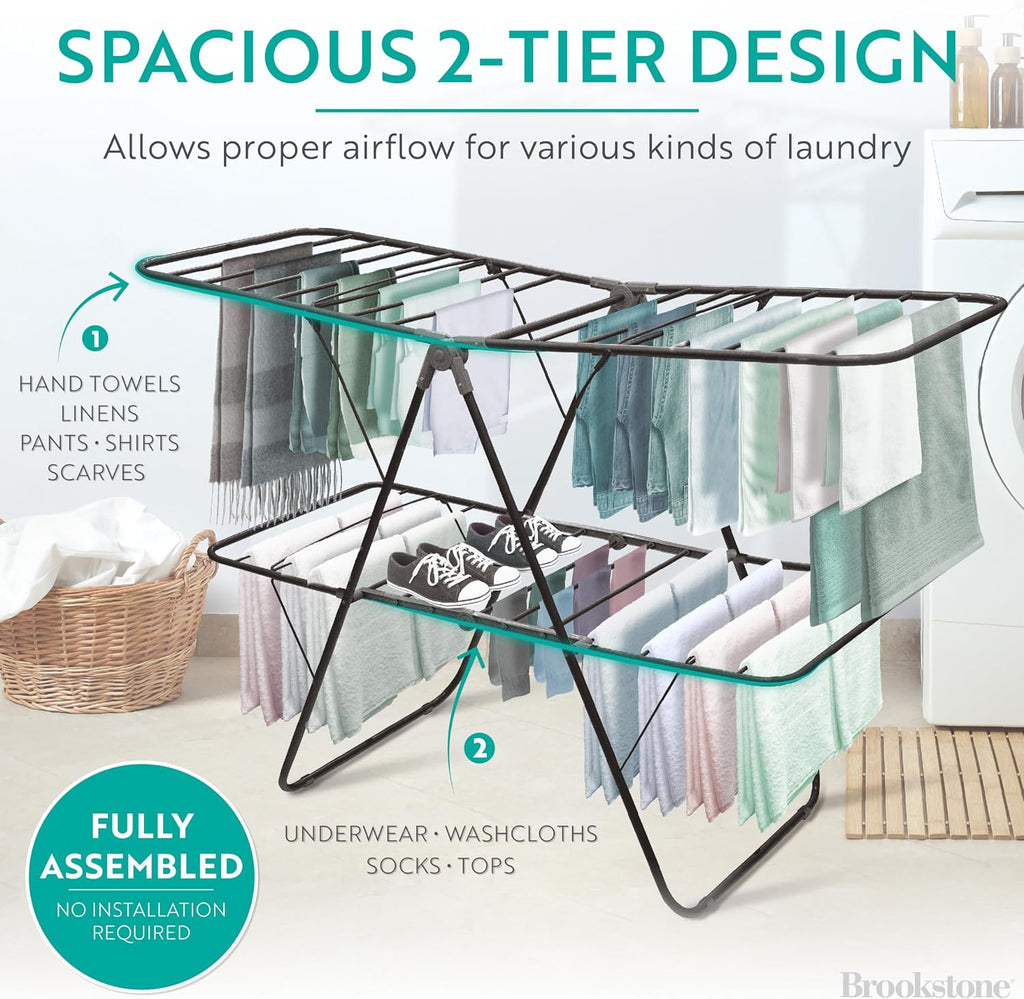 Brookstone 2 Tier Folding Rack - Indoor/Outdoor Collapsible Clothes Dryer Stand Laundry or Shoe Rack, Heavy Duty Freestanding Garment Hanger, Foldable, Clothing Drying Rack, Black