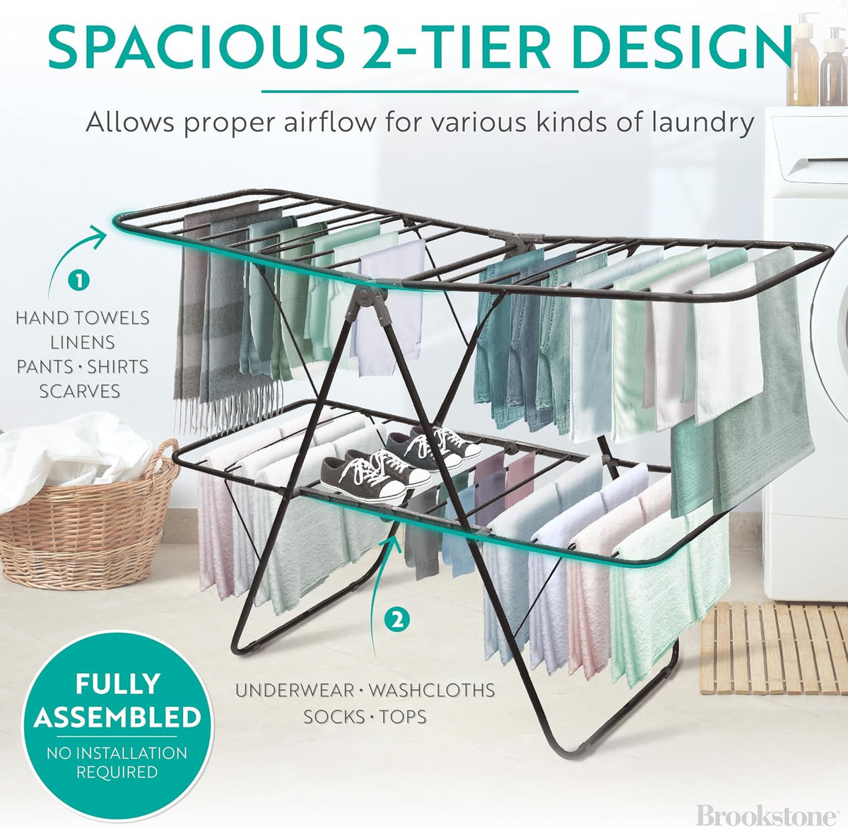 Brookstone 2 Tier Folding Rack - Indoor/Outdoor Collapsible Clothes Dryer Stand Laundry or Shoe Rack, Heavy Duty Freestanding Garment Hanger, Foldable, Clothing Drying Rack, Black