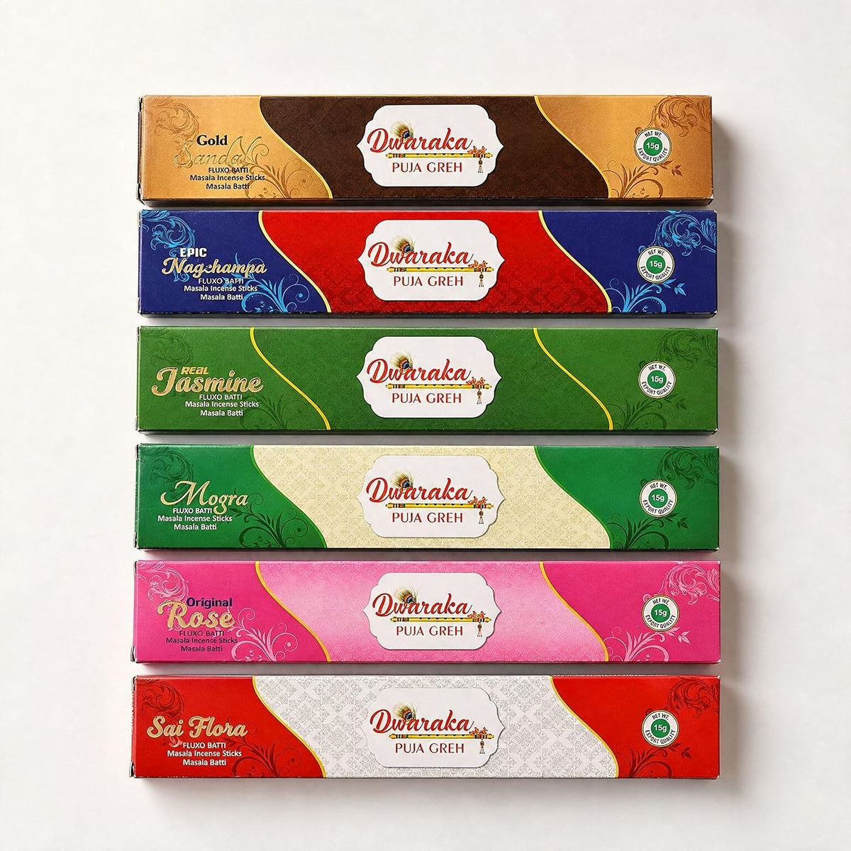 Dwaraka - Incense Sticks – 6 Packs x 10 Sticks Each – Sandalwood, Nag Champa, Jasmine, Mogra, Rose and Sai Flora – Chemical Free, All Natural