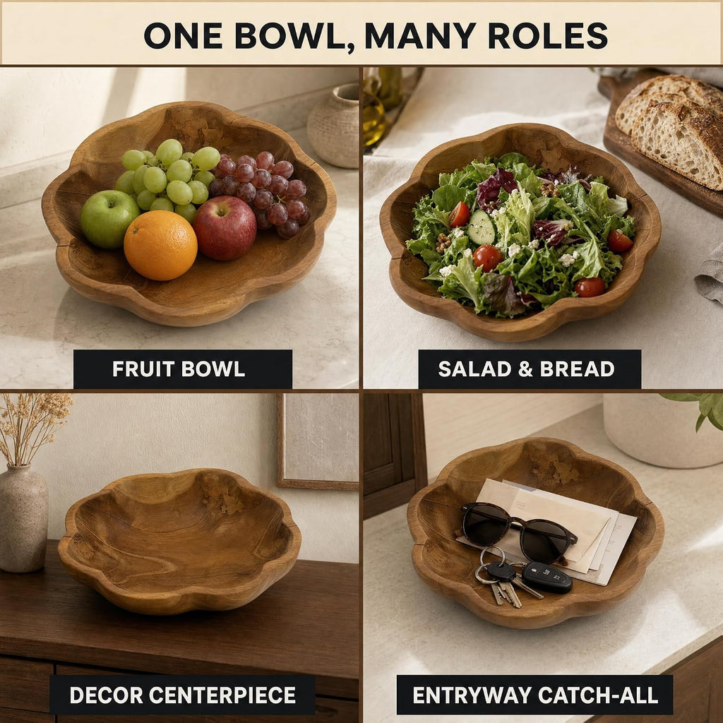 Decorative Wooden Bowl, Large Fruit Bowl for Kitchen Counter, Teak Wood