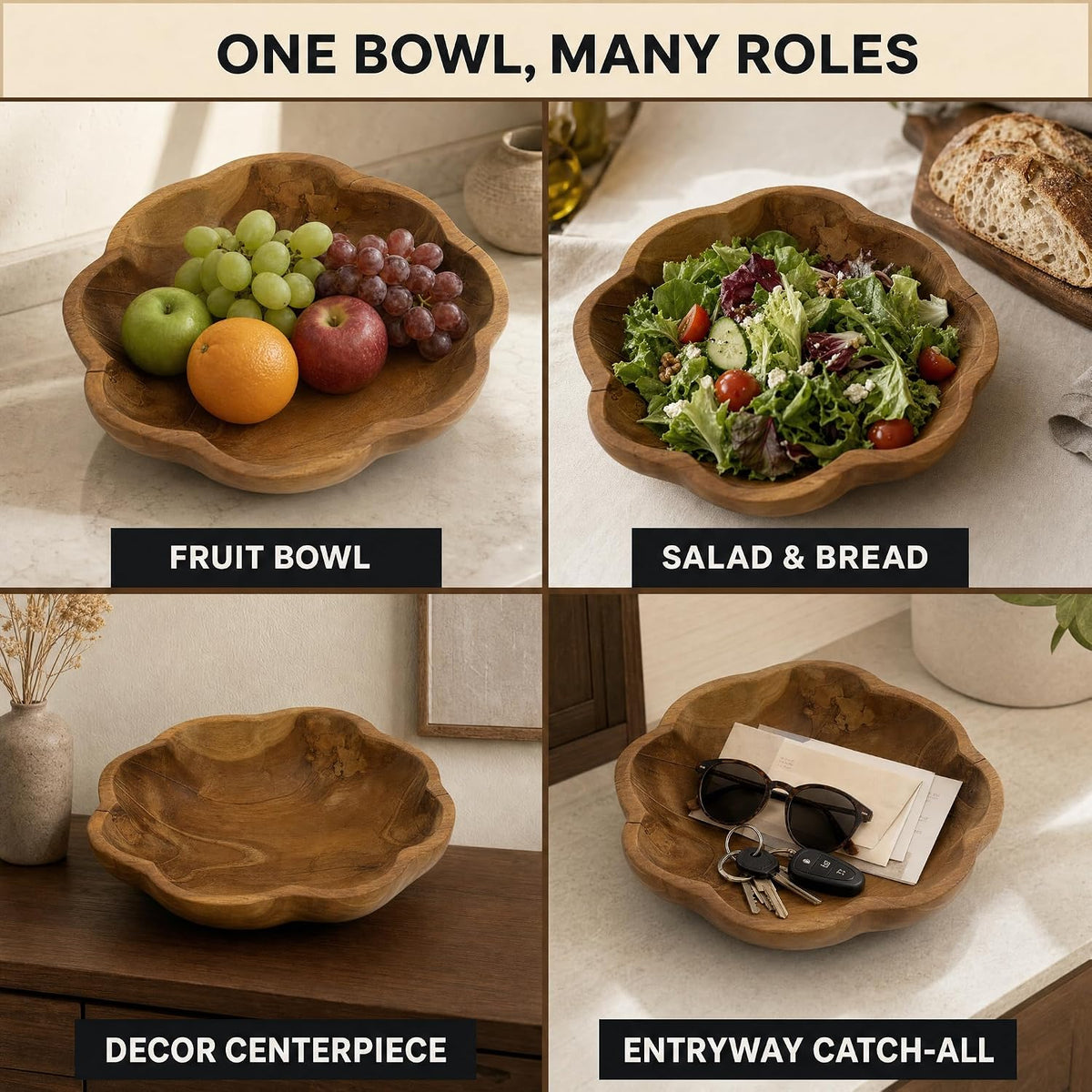 Decorative Wooden Bowl, Large Fruit Bowl for Kitchen Counter, Teak Wood
