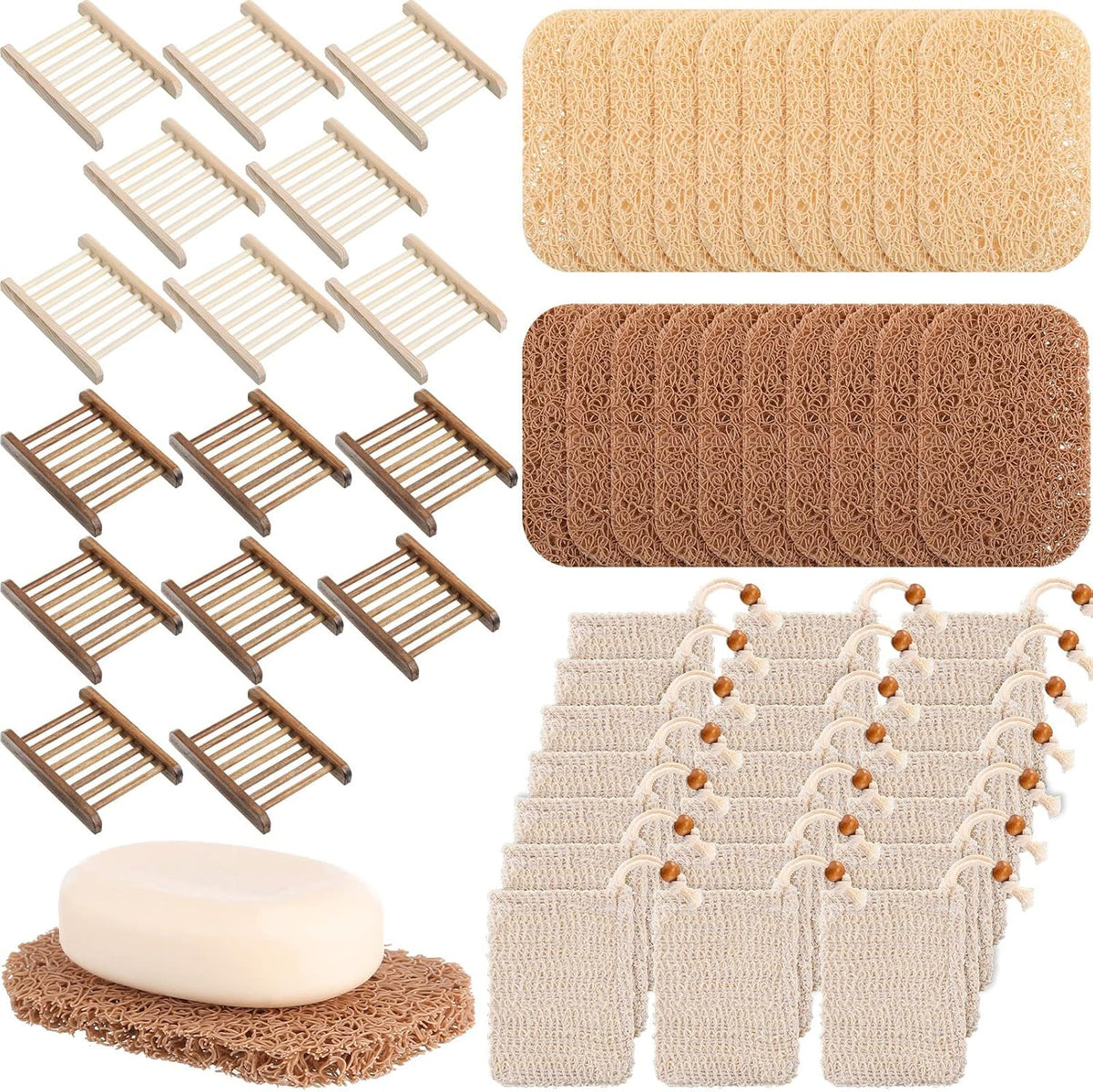 Irenare 60 Pcs Soap Saver Set, Wooden Dish Bar Soap Mesh Bag Pads Bulk