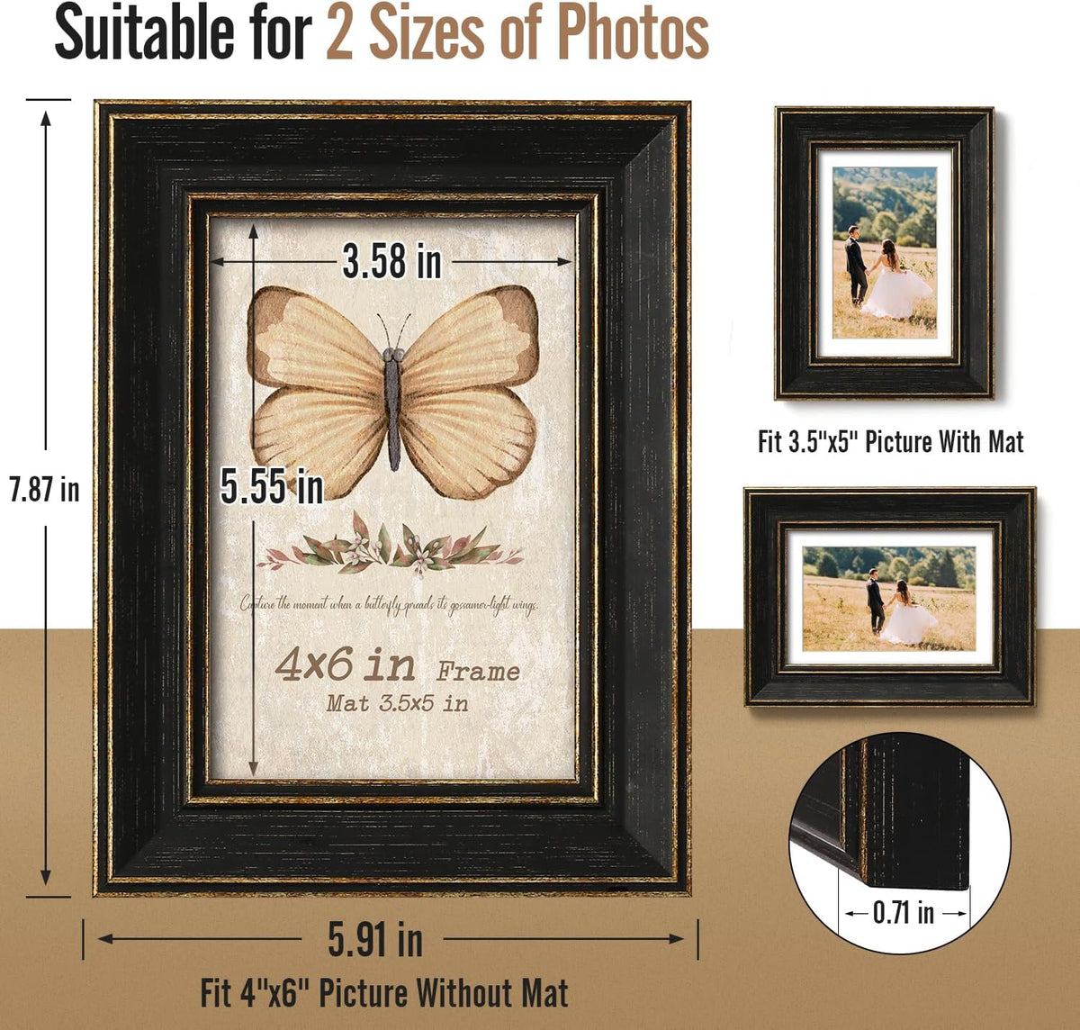 Black 4x6 Picture Frames, 4 Pack, Vintage Rustic Style, Gold Trim
