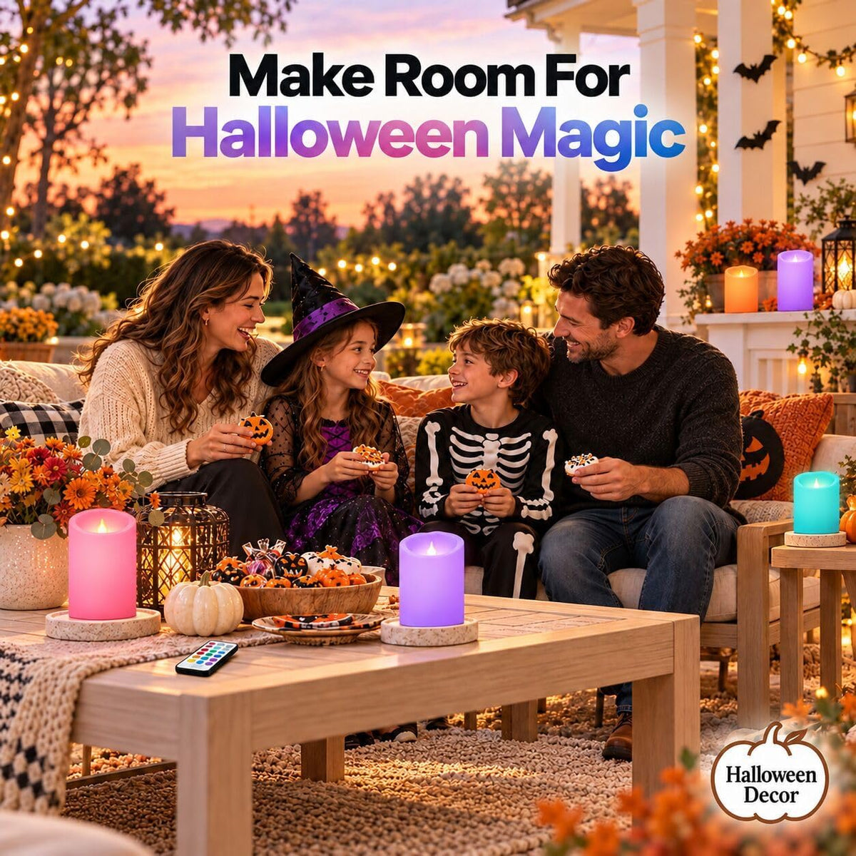 Enido Set of 9 Flameless Candles, Color Changing LED Candles(D: 3" x H: 4" 5" 6") Battery Operated Outdoor Waterproof Pillar Candles for Halloween and Christmas Decoration