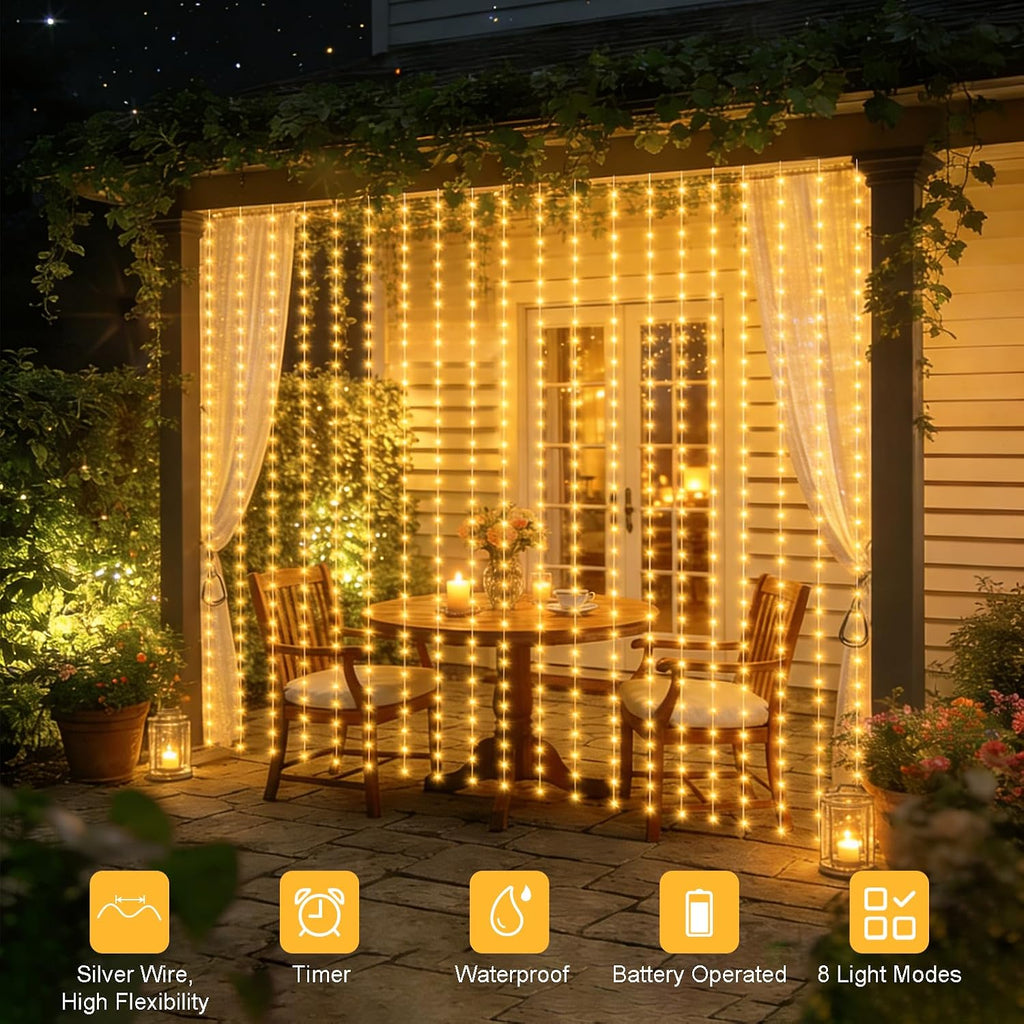 echosari Curtain Lights Battery Operated 9.8 x 9.8Ft with Timer Warm White