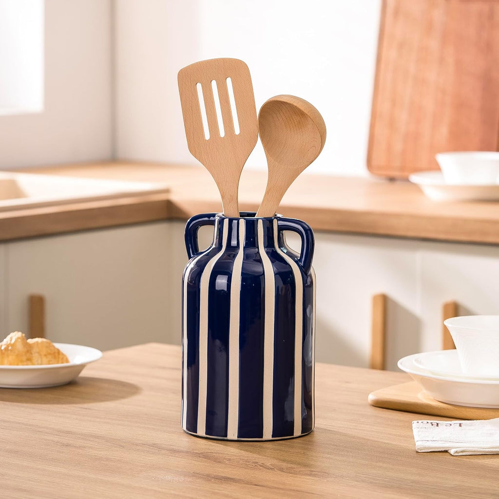 SURE YUESI Blue Ceramic Vase with Handles, Modern Farmhouse Striped Decorative Vase, 9.1" Art Deco Tall Flower Vases for Pampas Grass, Shelf Decor, Dining Table Centerpiece, Living Room Home Decor