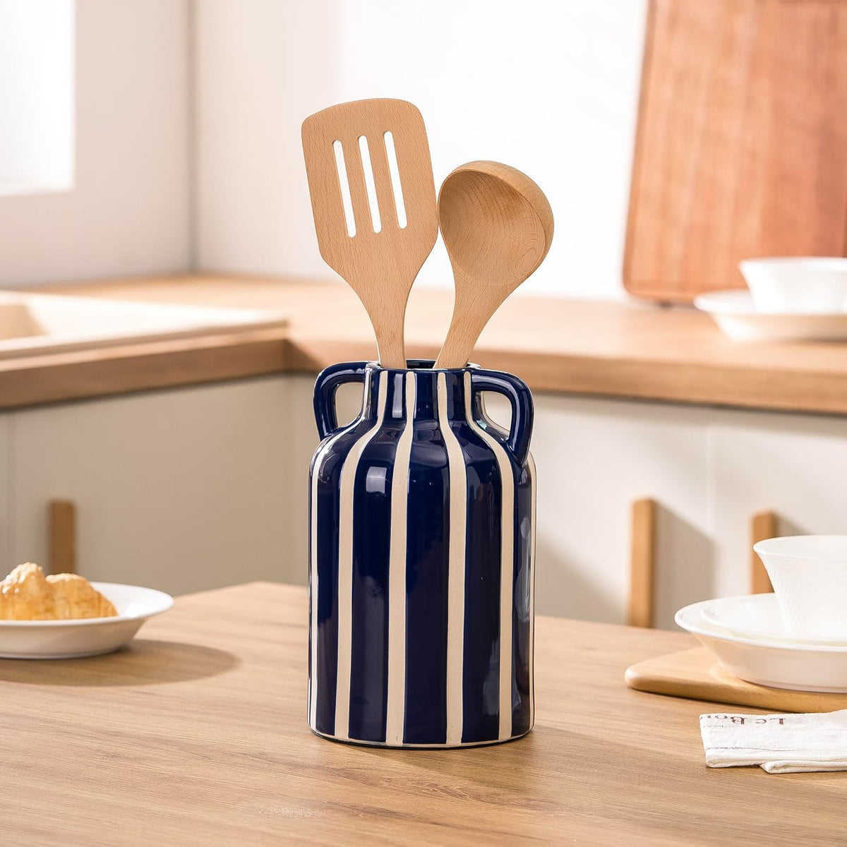 SURE YUESI Blue Ceramic Vase with Handles, Modern Farmhouse Striped Decorative Vase, 9.1" Art Deco Tall Flower Vases for Pampas Grass, Shelf Decor, Dining Table Centerpiece, Living Room Home Decor