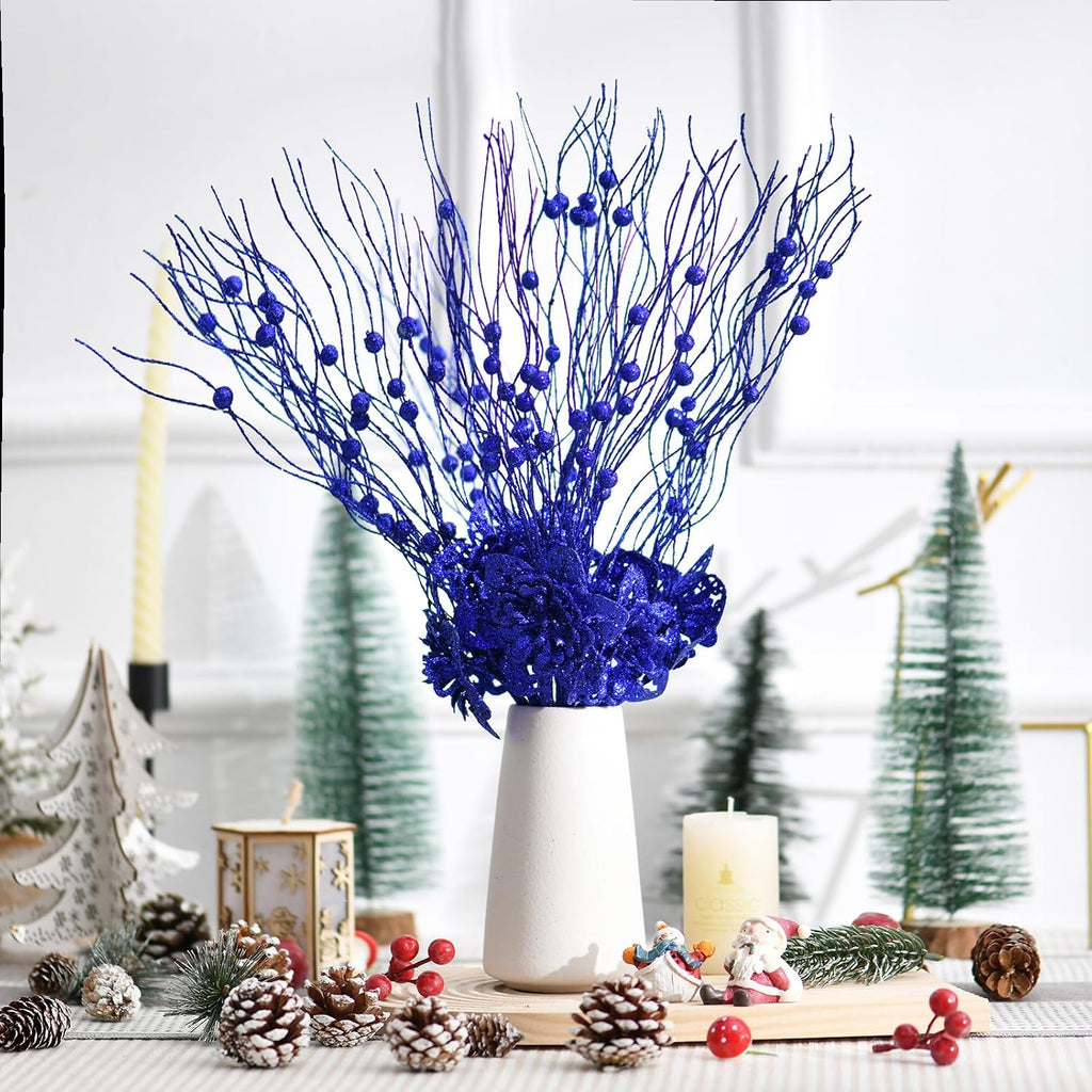 10pcs Artificial Glitter Poinsettia Flower Berry Stem Ornaments Christmas Tree Picks Branches for Xmas Tree Decorations Gift Home Wedding Holiday Party Decor, Royal Blue