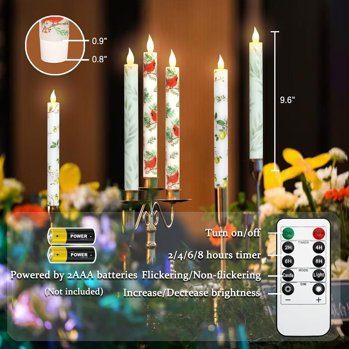 MELTONE Cardinal Bird Flameless Taper Candles with Remote - Red Bird Theme LED Taper Candles for Home Xmas Holiday Party Christmas Decoration - 2PCS 9.5INCH