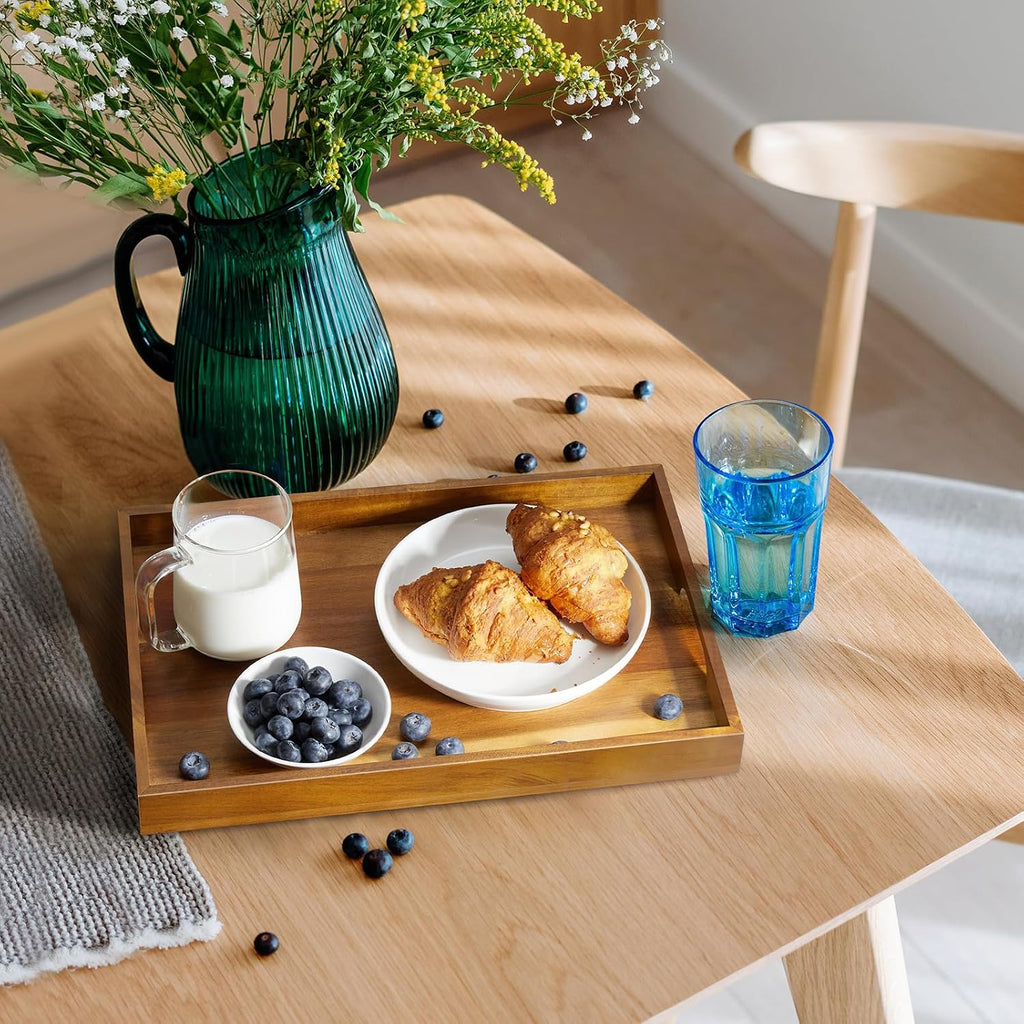 15 Inch Acacia Wood Serving Tray with Handles - Wooden Tray for Ottoman, Breakfast in Bed, Dinner, Coffee Table - Decorative Rectangular Tray for Living Room Bedroom Entryway and Kitchen