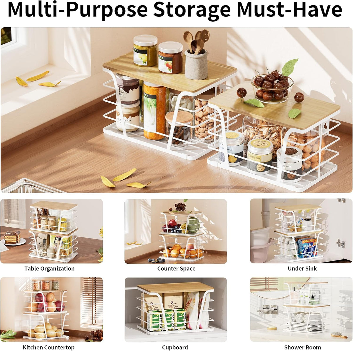 TIDIIABODE 2 Pack Kitchen Organization for Onions,Potatoes - Fruit Basket for Kitchen Counter & Storage Basket,Stackable Storage Bins with Bamboo Top & Lightweight PP Mat,White