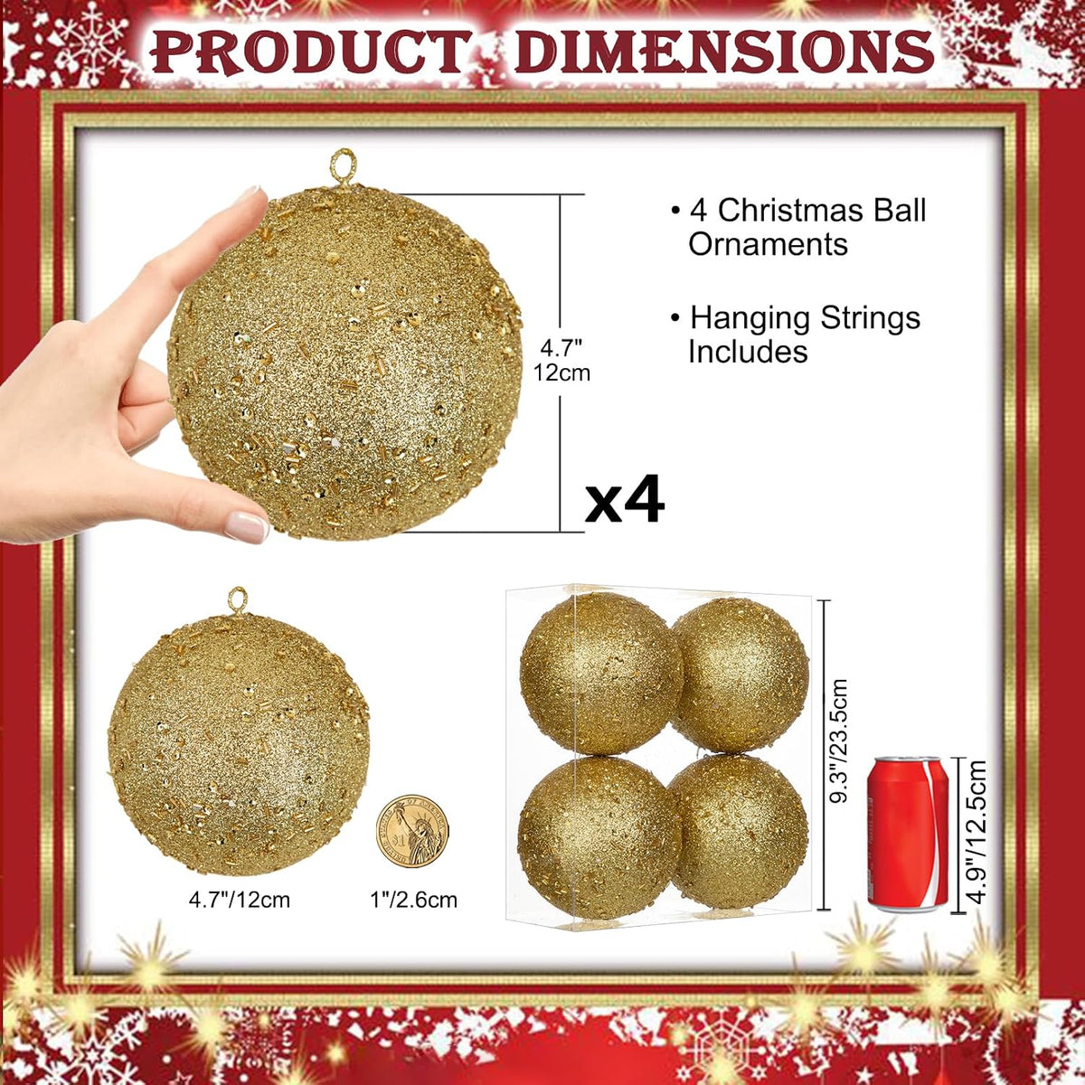 4Pcs 4.7" Large Gold Christmas Balls Ornaments for Christmas Trees