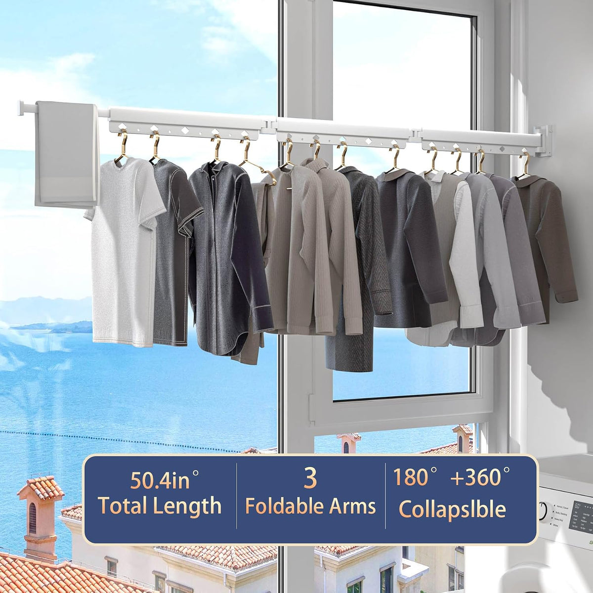 Clothes Drying Rack, Laundry Drying Rack Wall Mount for Bathroom, Retractable and Foldable Clothes Hanging Rack for Indoor, Space Saver for Laundry Room, Balcony, Closet, Bedroom(3-Fold),White