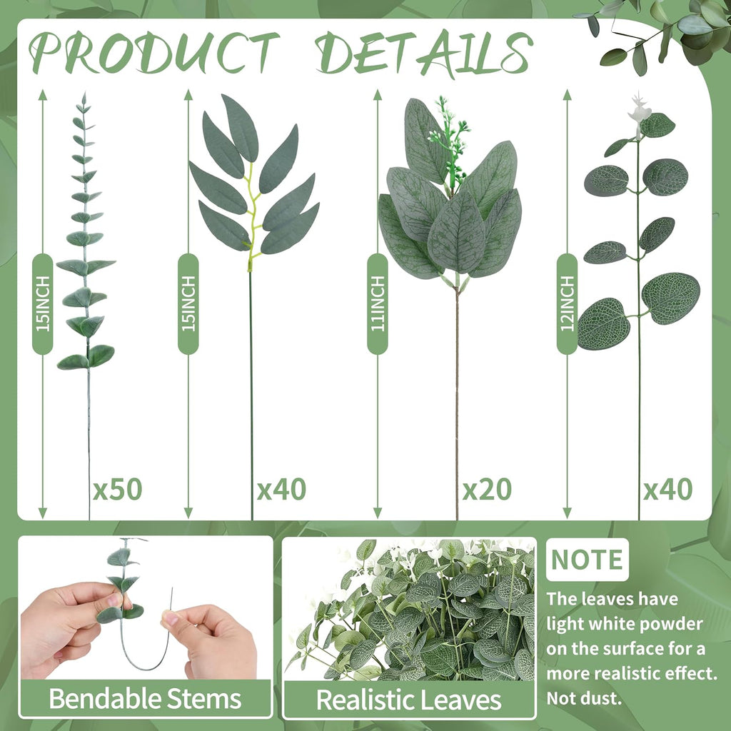 Palonu 150 Pcs 4 Kinds Mixed Artificial Eucalyptus Leaves Stems Bulk Fake Silver Dollar Eucalyptus Bundle Faux Plants Greenery for DIY Bouquets Floral Arrangement Wedding Engagement Party Decor