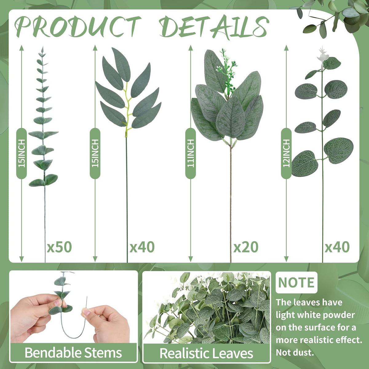 Palonu 150 Pcs 4 Kinds Mixed Artificial Eucalyptus Leaves Stems Bulk Fake Silver Dollar Eucalyptus Bundle Faux Plants Greenery for DIY Bouquets Floral Arrangement Wedding Engagement Party Decor